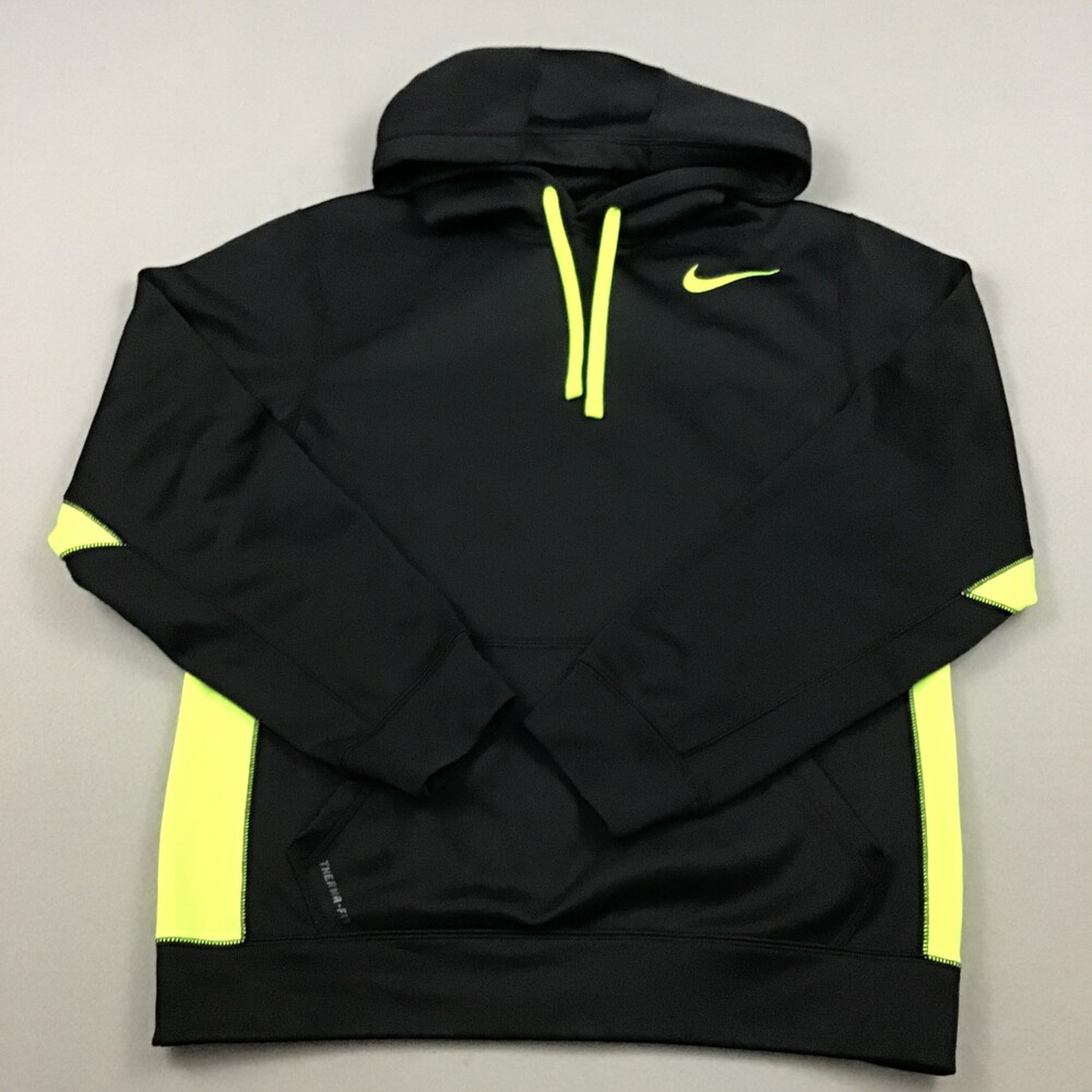 Nike Hoodie Men Small Black Geen Solid Pullover Drawstring Therma Fit Swoosh S